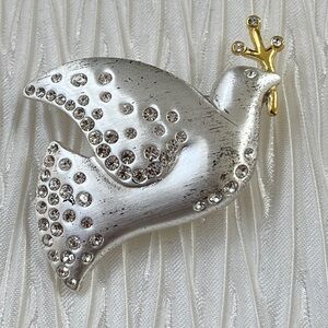 PEACE DOVE Silver Tone Brooch Gold Tone Olive Branch Sparkly Crystal Detail